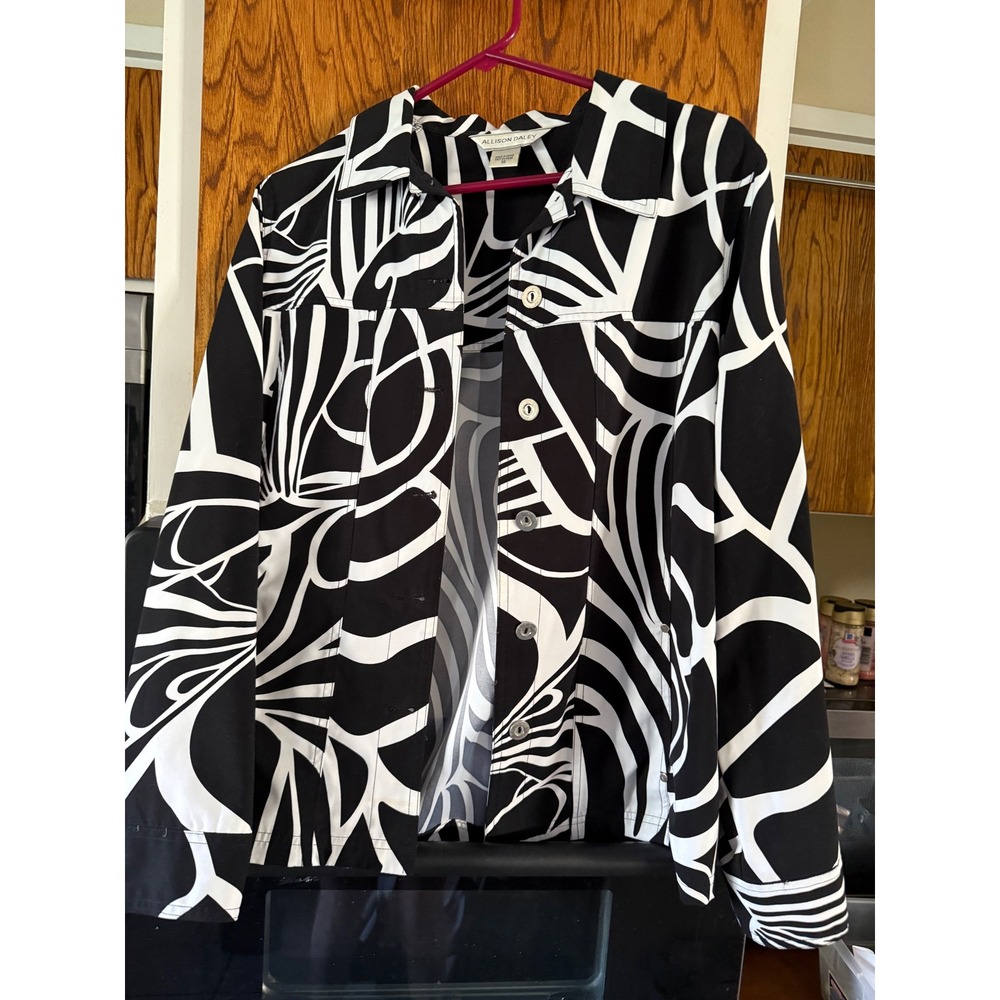 Allison Daley Womens Black White Abstract Swirl Print Button‎ Front Jacket S 12